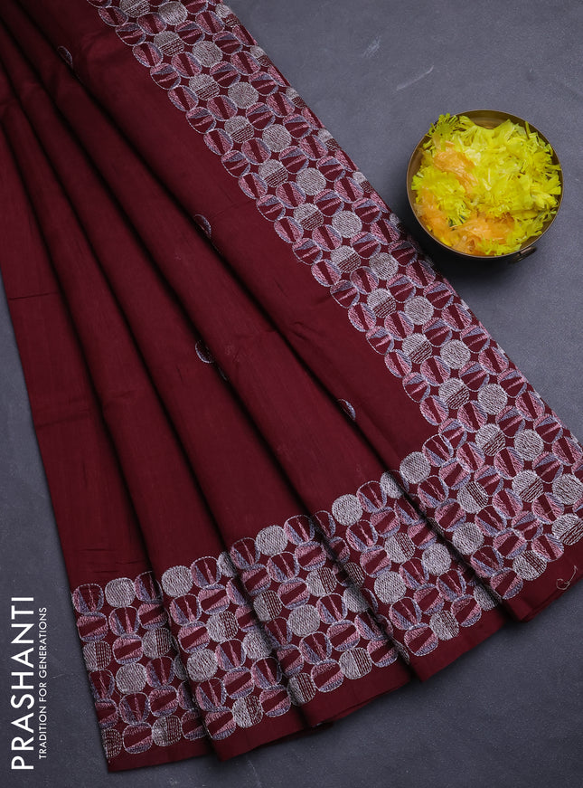 Semi raw silk saree deep maroon with embroidery buttas and embroidery border