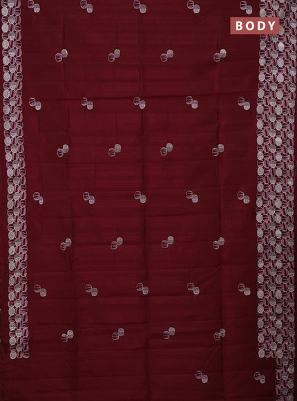 Semi raw silk saree deep maroon with embroidery buttas and embroidery border