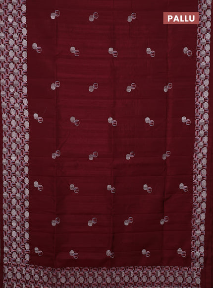 Semi raw silk saree deep maroon with embroidery buttas and embroidery border