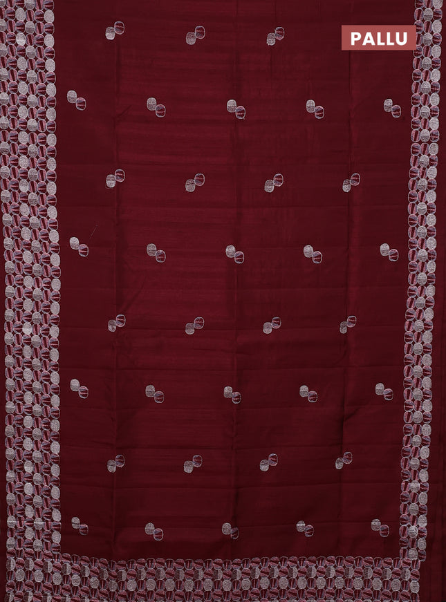 Semi raw silk saree deep maroon with embroidery buttas and embroidery border
