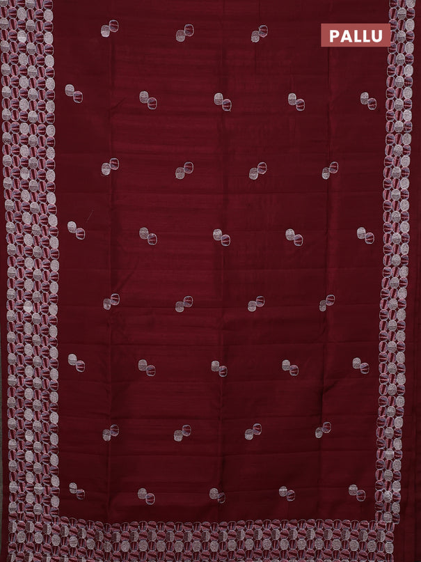 Semi raw silk saree deep maroon with embroidery buttas and embroidery border