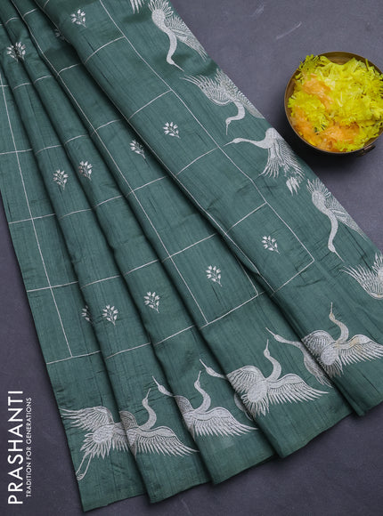 Semi raw silk saree pastyel green shade with allover checks & embroidery buttas and embroidery border