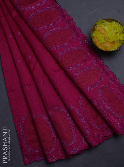 Semi raw silk saree dark pink with allover embroidery buttas and embroidery border