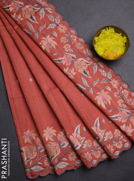 Semi raw silk saree rust shade with embroidery buttas and embriodery border