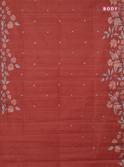 Semi raw silk saree rust shade with embroidery buttas and embriodery border