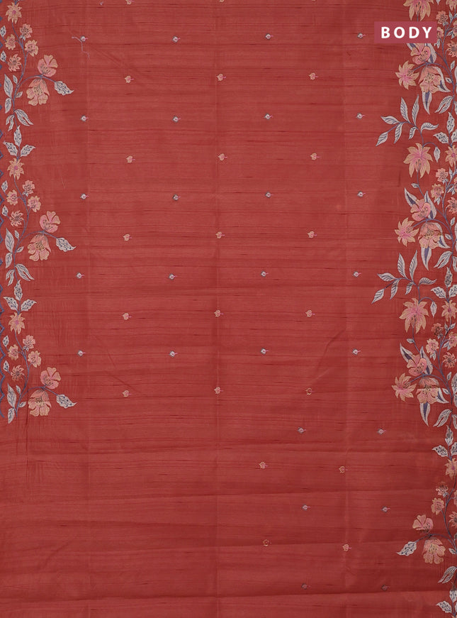 Semi raw silk saree rust shade with embroidery buttas and embriodery border