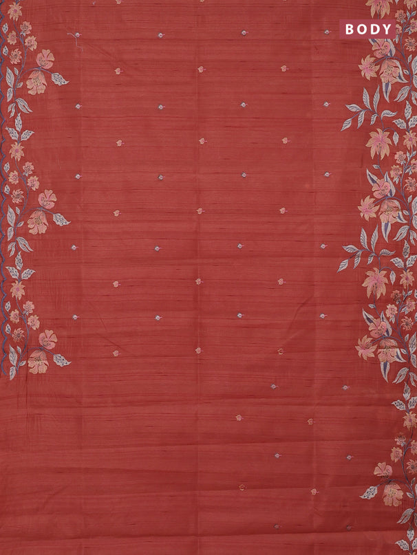 Semi raw silk saree rust shade with embroidery buttas and embriodery border