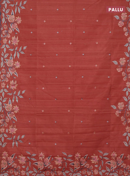 Semi raw silk saree rust shade with embroidery buttas and embriodery border