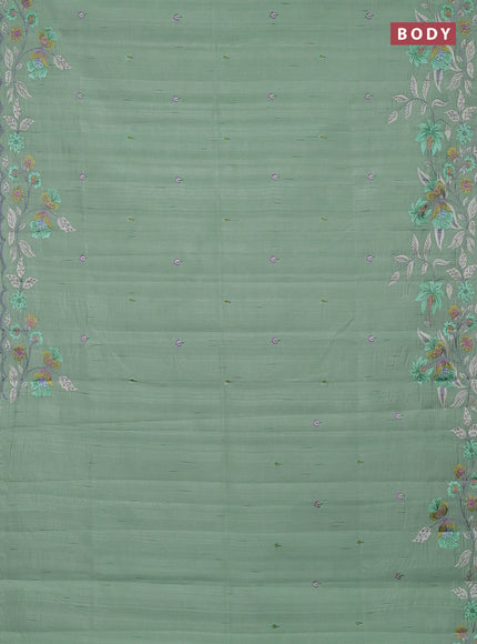 Semi raw silk saree pastel green with embroidery buttas and embriodery border