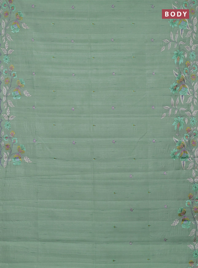 Semi raw silk saree pastel green with embroidery buttas and embriodery border