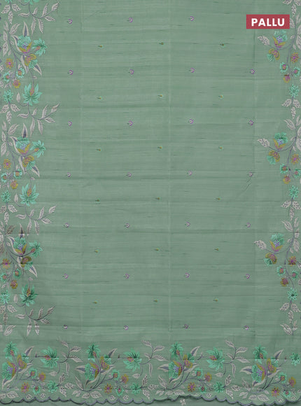 Semi raw silk saree pastel green with embroidery buttas and embriodery border
