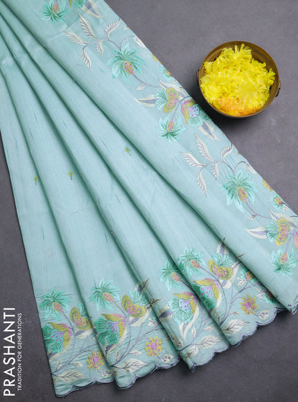 Semi raw silk saree pastel blue with embroidery buttas and embriodery border