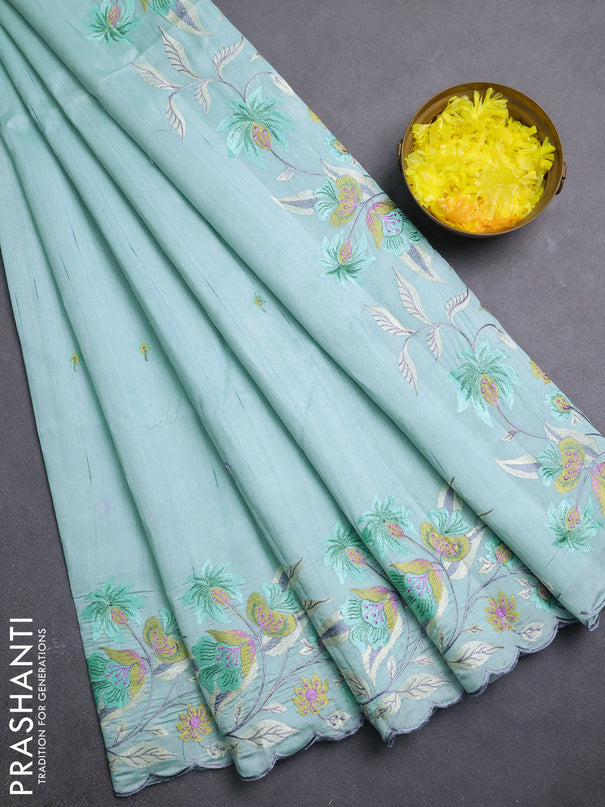 Semi raw silk saree pastel blue with embroidery buttas and embriodery border