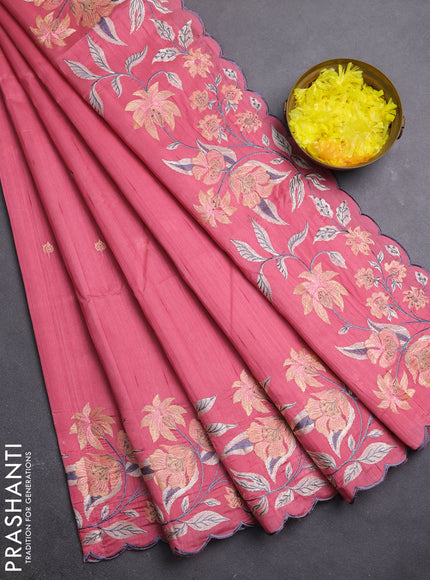Semi raw silk saree peach pink with embroidery buttas and embriodery border
