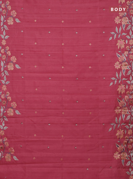 Semi raw silk saree peach pink with embroidery buttas and embriodery border