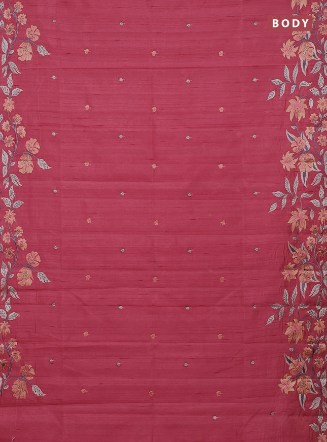 Semi raw silk saree peach pink with embroidery buttas and embriodery border