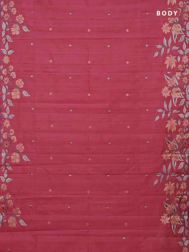 Semi raw silk saree peach pink with embroidery buttas and embriodery border