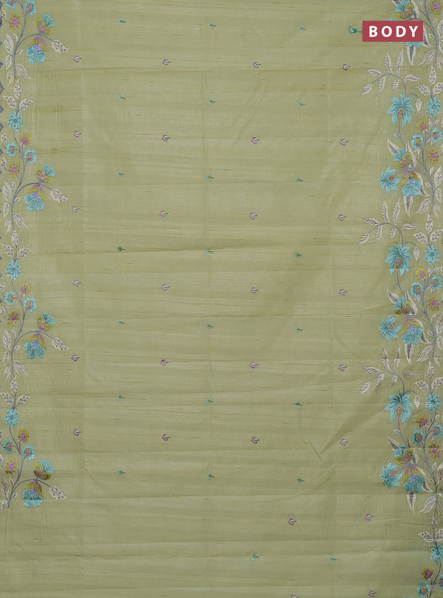 Semi raw silk saree pista green with embroidery buttas and embriodery border