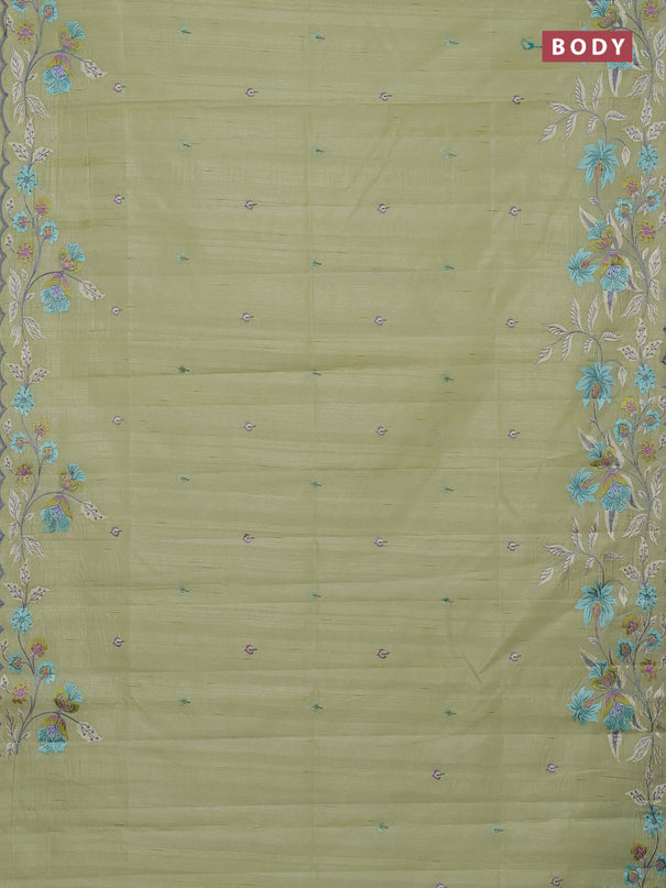 Semi raw silk saree pista green with embroidery buttas and embriodery border