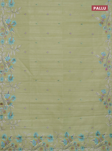Semi raw silk saree pista green with embroidery buttas and embriodery border