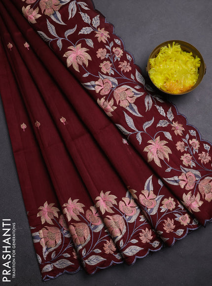 Semi raw silk saree deep maroon with embroidery buttas and embriodery border
