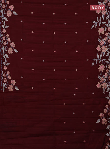 Semi raw silk saree deep maroon with embroidery buttas and embriodery border