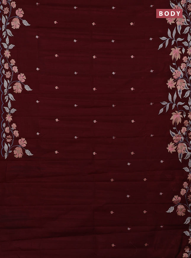 Semi raw silk saree deep maroon with embroidery buttas and embriodery border