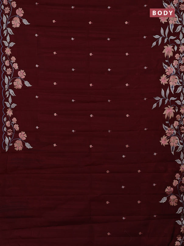 Semi raw silk saree deep maroon with embroidery buttas and embriodery border