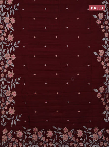 Semi raw silk saree deep maroon with embroidery buttas and embriodery border