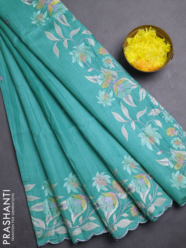 Semi raw silk saree teal blue shade with embroidery buttas and embriodery border