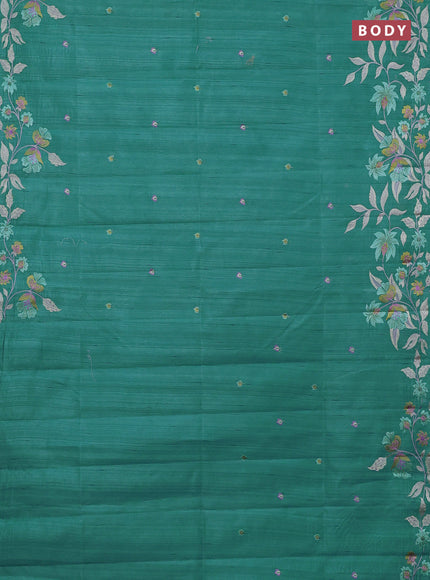 Semi raw silk saree teal green with embroidery buttas and embriodery border