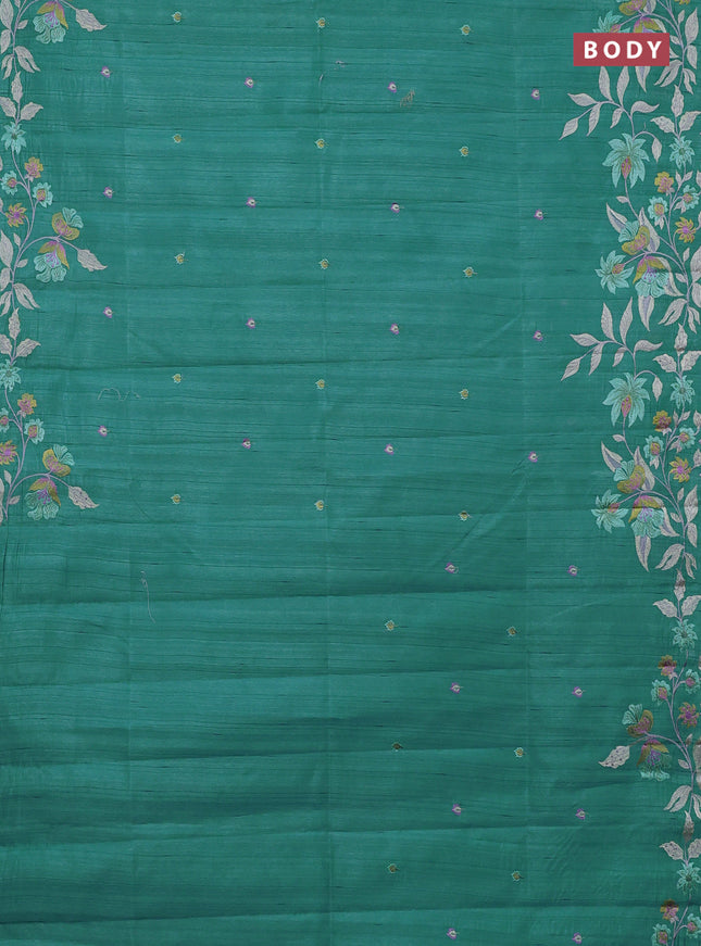 Semi raw silk saree teal green with embroidery buttas and embriodery border