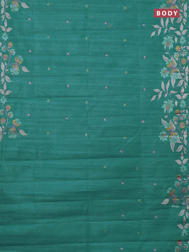 Semi raw silk saree teal blue shade with embroidery buttas and embriodery border