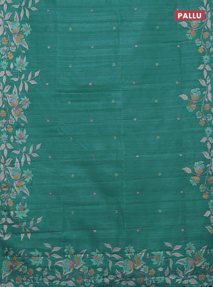 Semi raw silk saree teal green with embroidery buttas and embriodery border