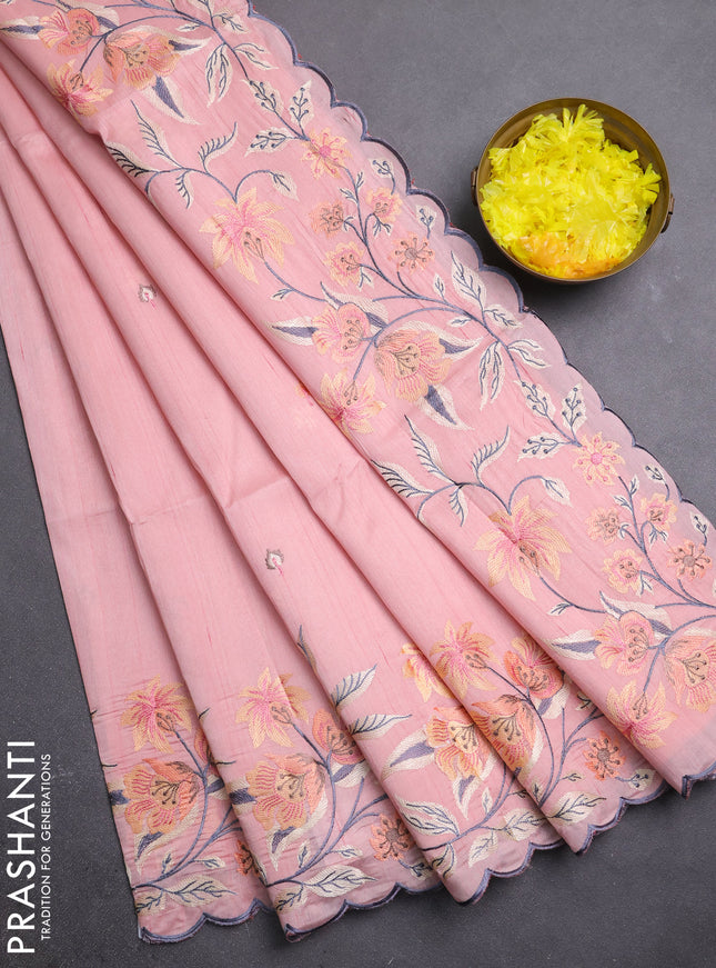 Semi raw silk saree peach shade with embroidery buttas and embriodery border