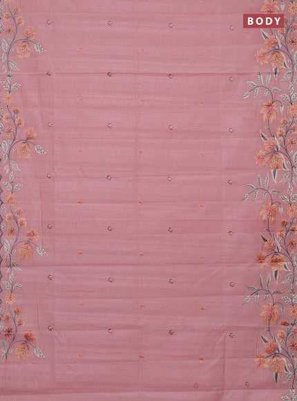 Semi raw silk saree peach shade with embroidery buttas and embriodery border