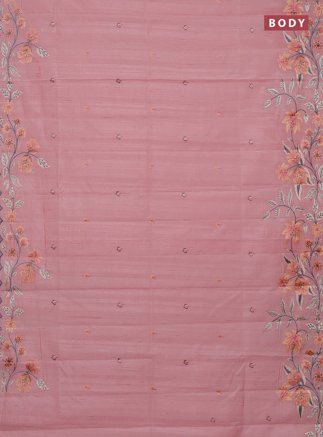 Semi raw silk saree peach shade with embroidery buttas and embriodery border