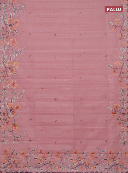 Semi raw silk saree peach shade with embroidery buttas and embriodery border