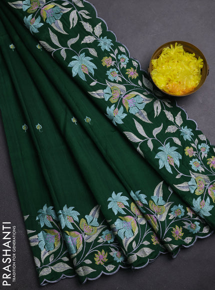 Semi raw silk saree bottle green with embroidery buttas and embriodery border