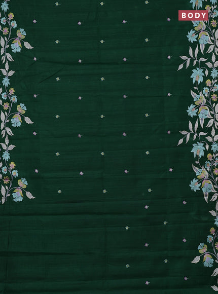 Semi raw silk saree bottle green with embroidery buttas and embriodery border