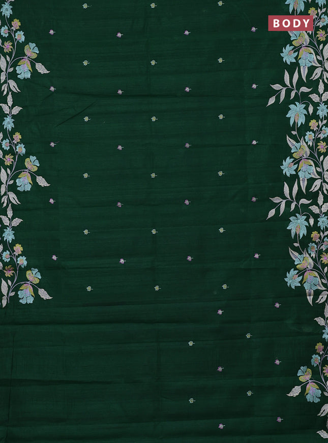 Semi raw silk saree bottle green with embroidery buttas and embriodery border