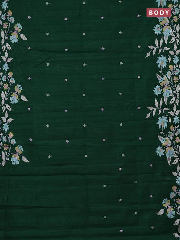 Semi raw silk saree bottle green with embroidery buttas and embriodery border