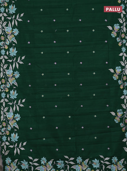 Semi raw silk saree bottle green with embroidery buttas and embriodery border