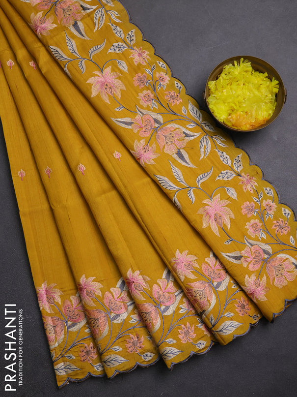 Semi raw silk saree mustard yellow with embroidery buttas and embriodery border