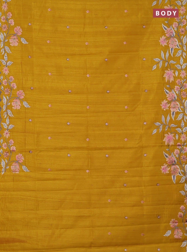 Semi raw silk saree mustard yellow with embroidery buttas and embriodery border