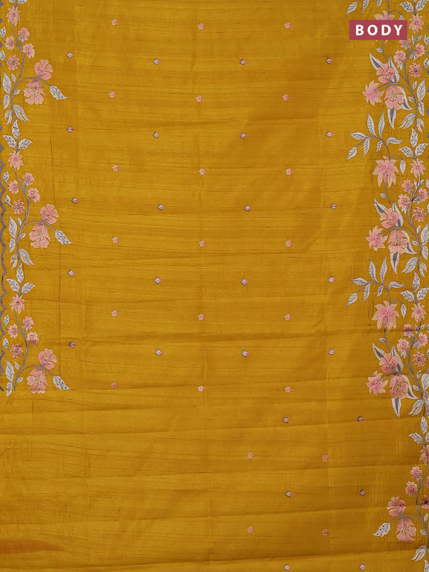 Semi raw silk saree mustard yellow with embroidery buttas and embriodery border