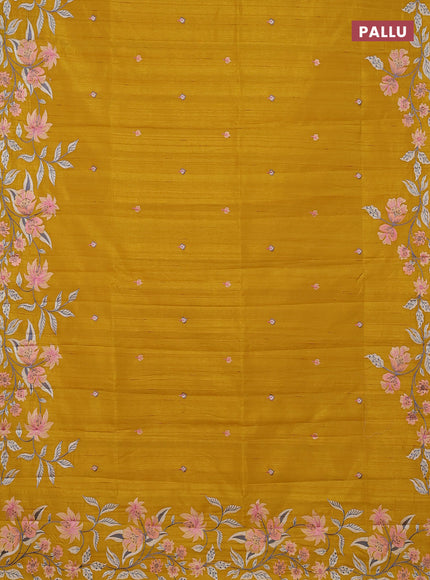 Semi raw silk saree mustard yellow with embroidery buttas and embriodery border