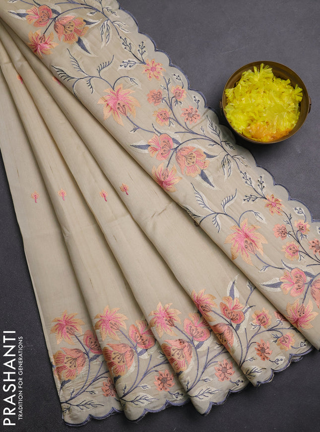 Semi raw silk saree beige with embroidery buttas and embriodery border