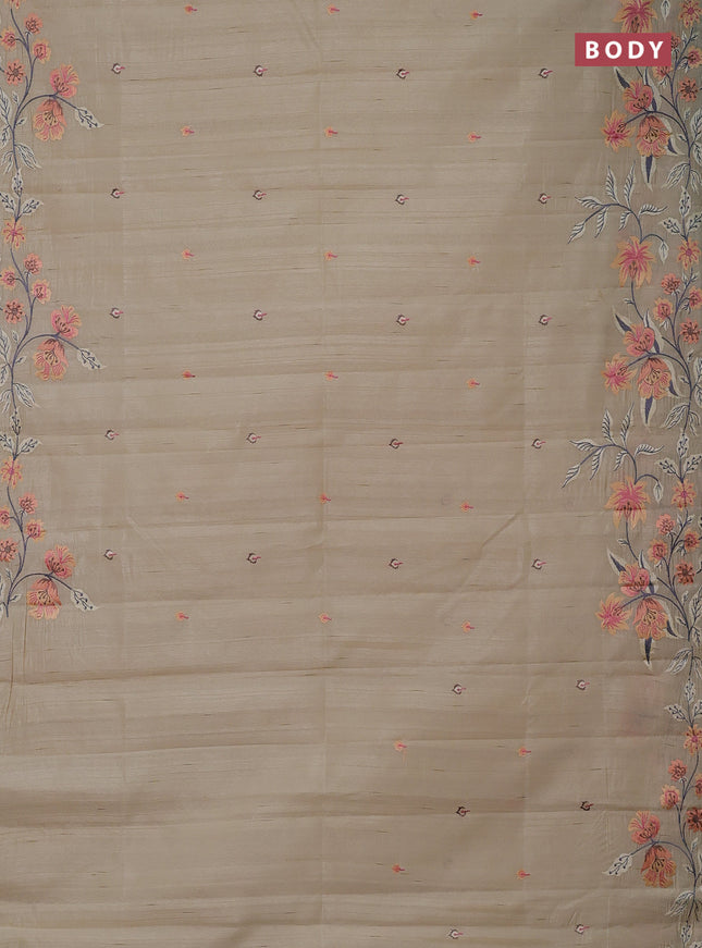 Semi raw silk saree beige with embroidery buttas and embriodery border