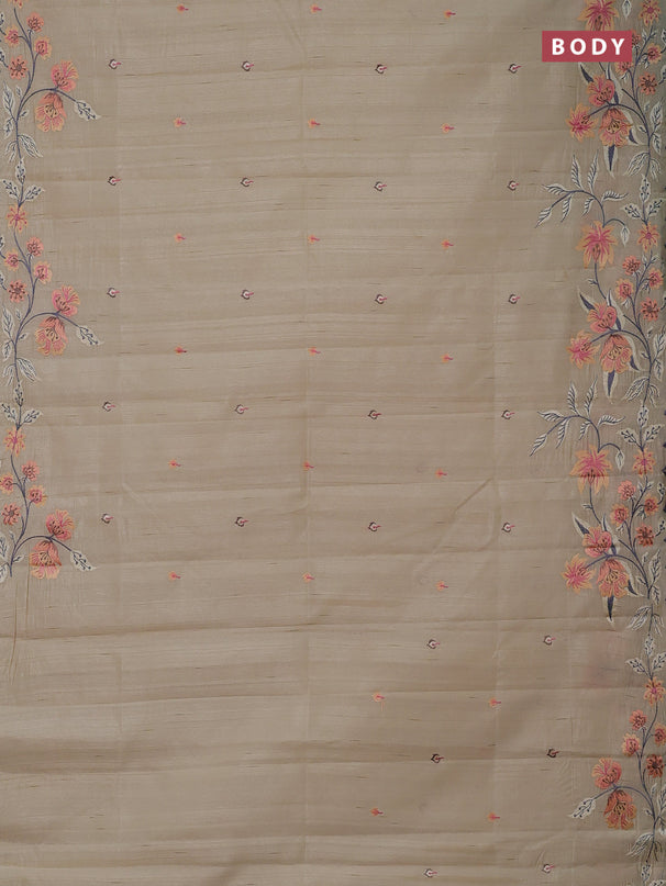 Semi raw silk saree beige with embroidery buttas and embriodery border